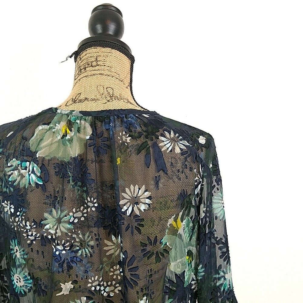 Loft Womens sz XS Top Blouse Blue Floral Sheer Button Keyhole Long Bell Sleeve - Picture 5 of 8